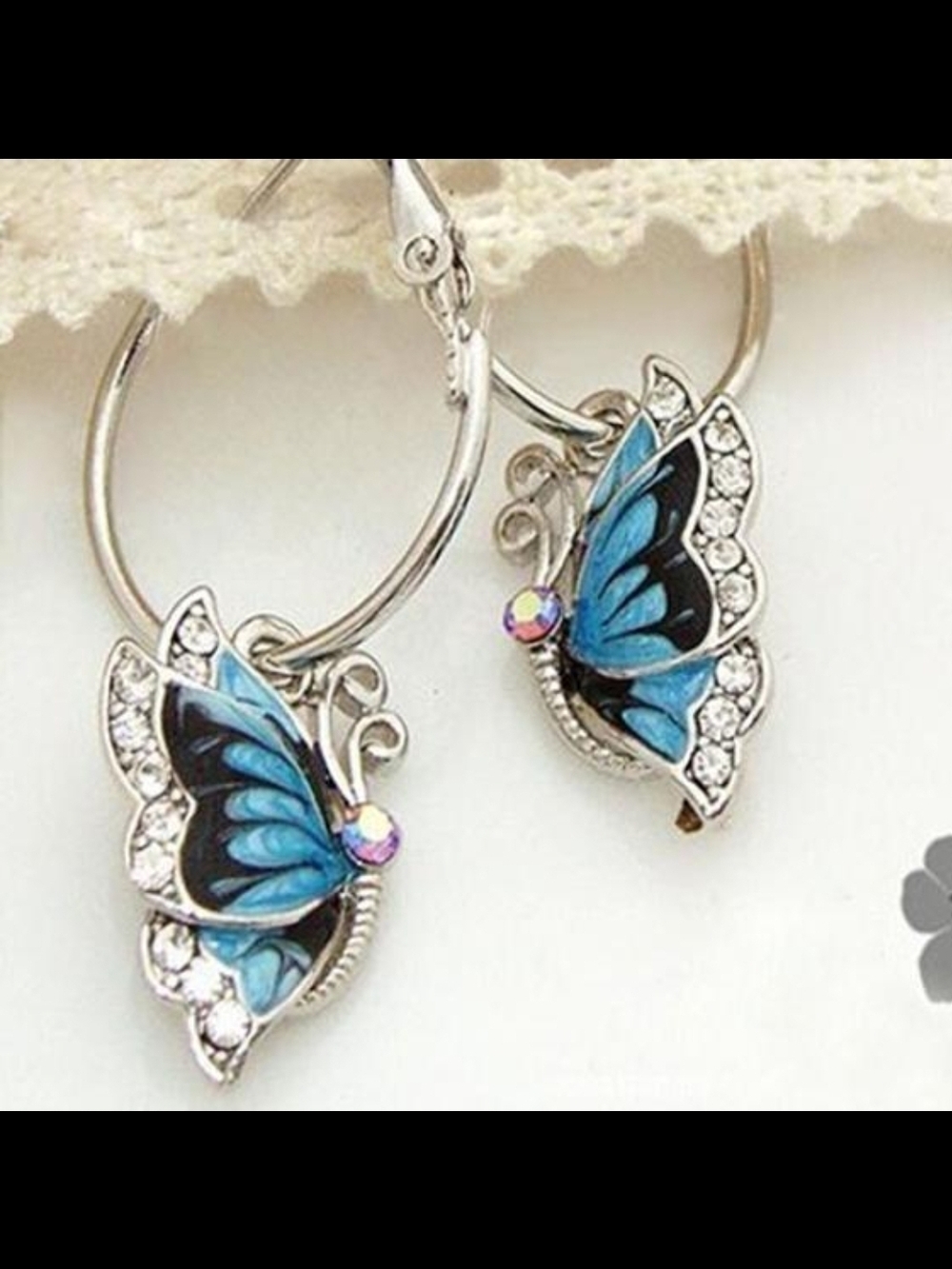 NWOT Blue Butterfly Hoop Earrings with Crystal Accents - Women Jewelry